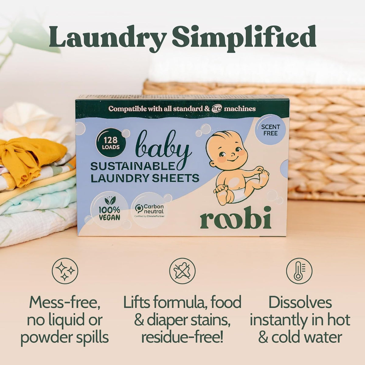 Roobi Baby Laundry Detergent Sheets. Specially Formulated for Sensitive Skin. Newborns, Infants &