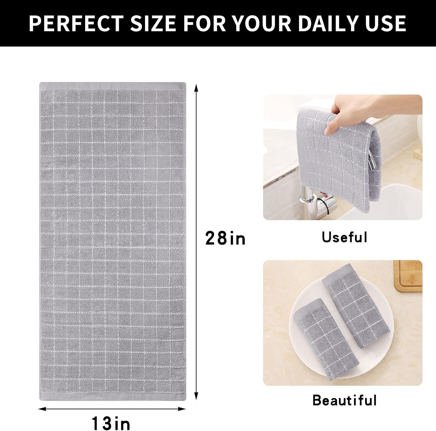 Homaxy 100% Cotton Terry Kitchen Towels(Light Grey, 13 x 28 inches), Checkered Designed, Soft and