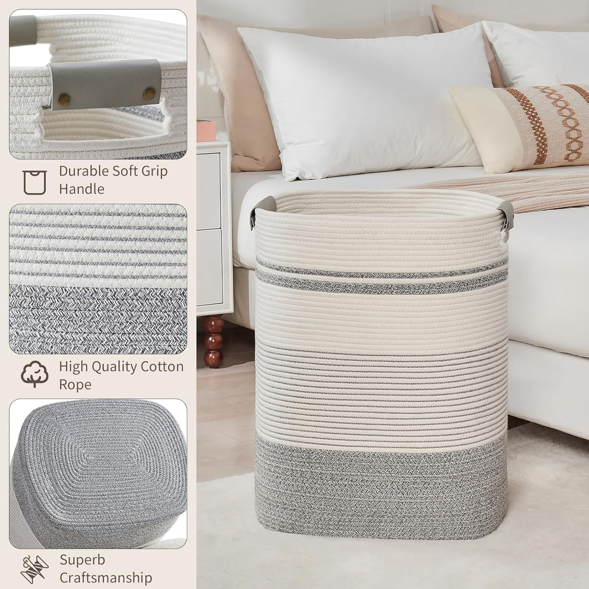 Laundry Basket with Handles - Blanket Basket & Hampers for Bedroom Aesthetic, Laundry Hamper &