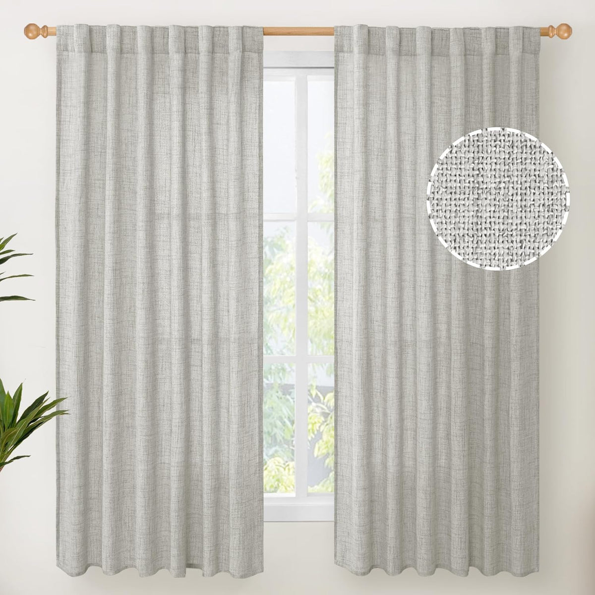 YoungsTex Light Grey Linen Curtains 63 Inches Length 2 Panels for Living Room - Textured Semi Sheer
