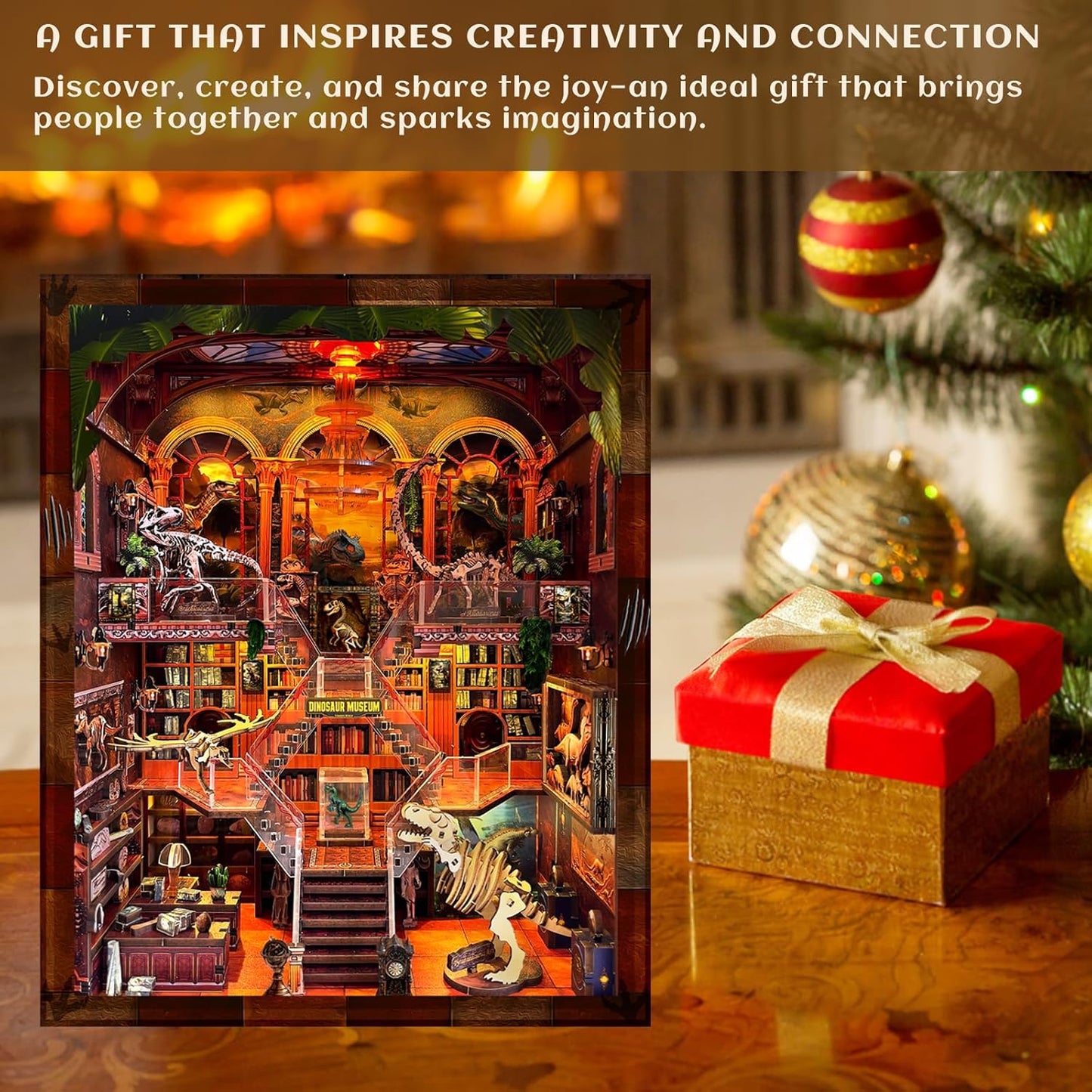 Book Nook Kit for Adults - DIY Dinosaur Museum Booknook, 3D Wooden Dollhouse Puzzle with LED