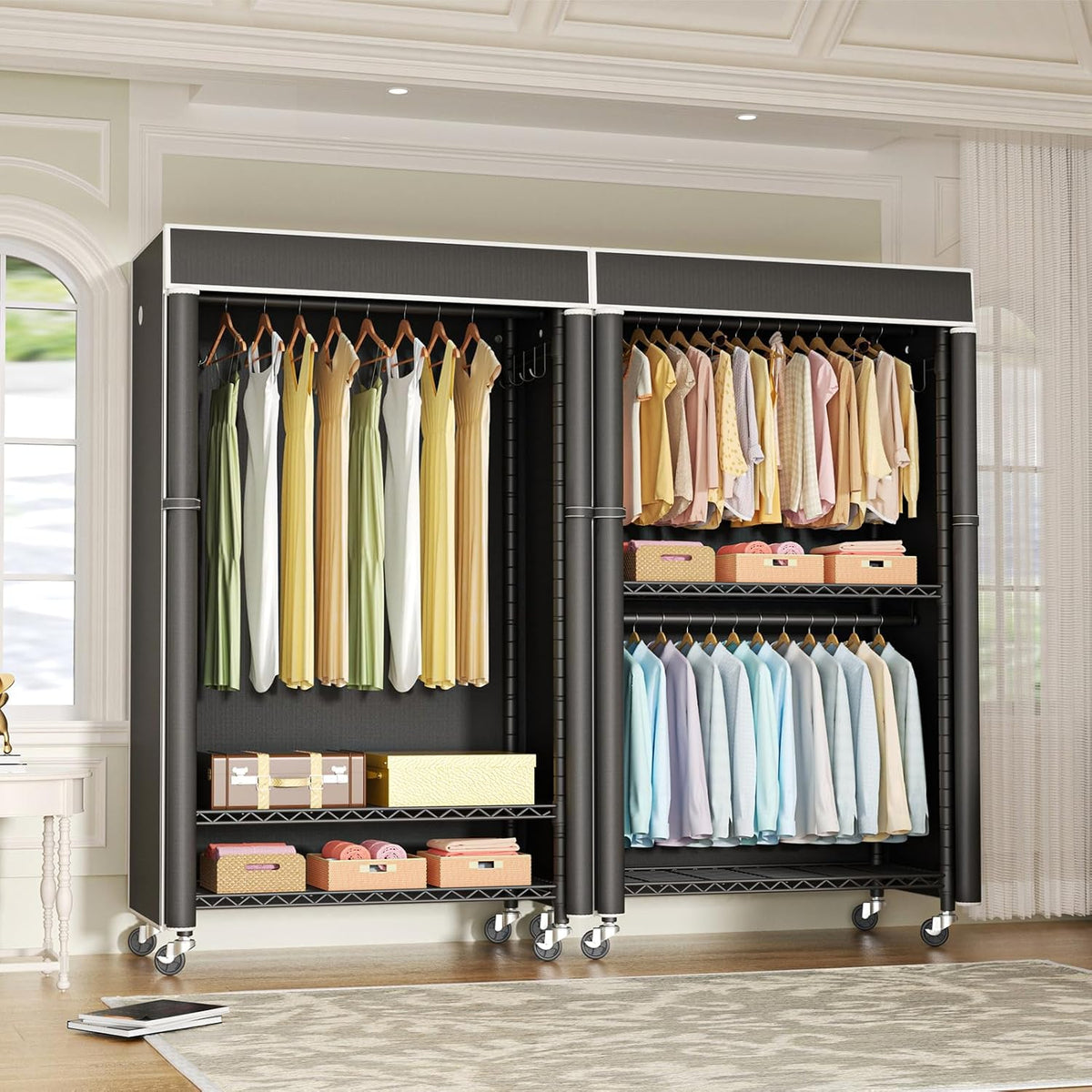 FUTASSI Clothing Rack with Cover, P1C Rolling Closets with Wheels, Metal Garment Rack for Hanging