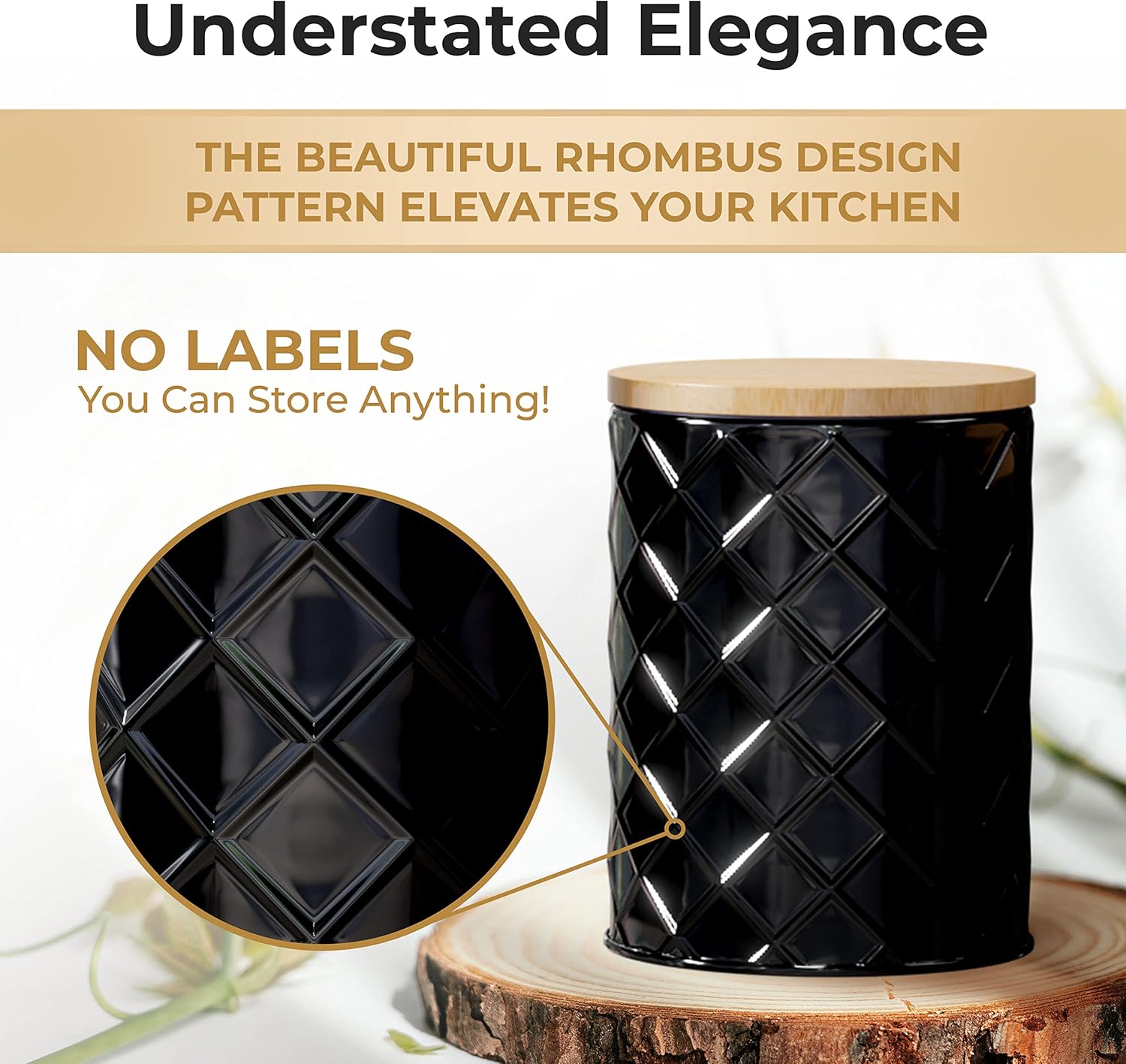 Pebble & Stem® Black Metal Canister Set for the Kitchen Counter, Food Canister Set of 4, Airtight