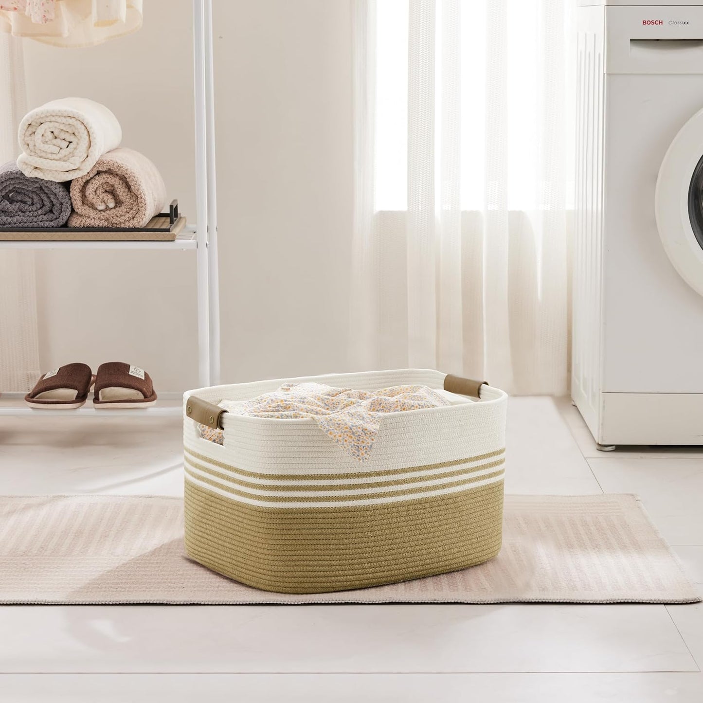 45L Small Laundry Basket with Leather Handles for Living Room Storage, Woven Rope Baskets Bin for