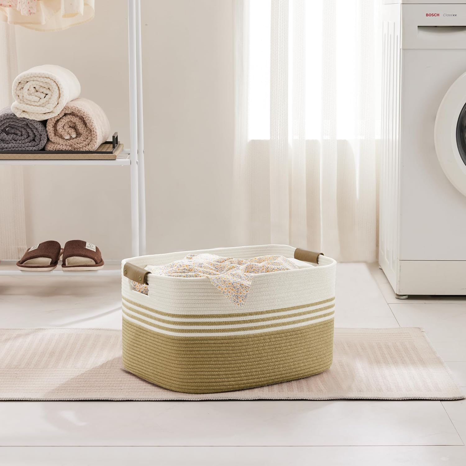 45L Small Laundry Basket with Leather Handles for Living Room Storage, Woven Rope Baskets Bin for