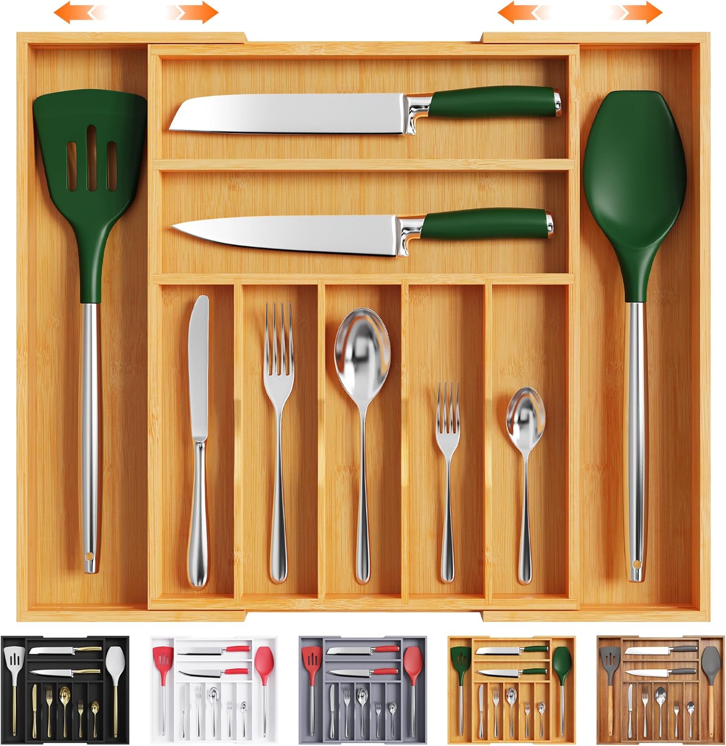 Bellsal Large Premium Bamboo Silverware Organizer - Expandable Utensil Drawer Organizer - 17"x19.6"