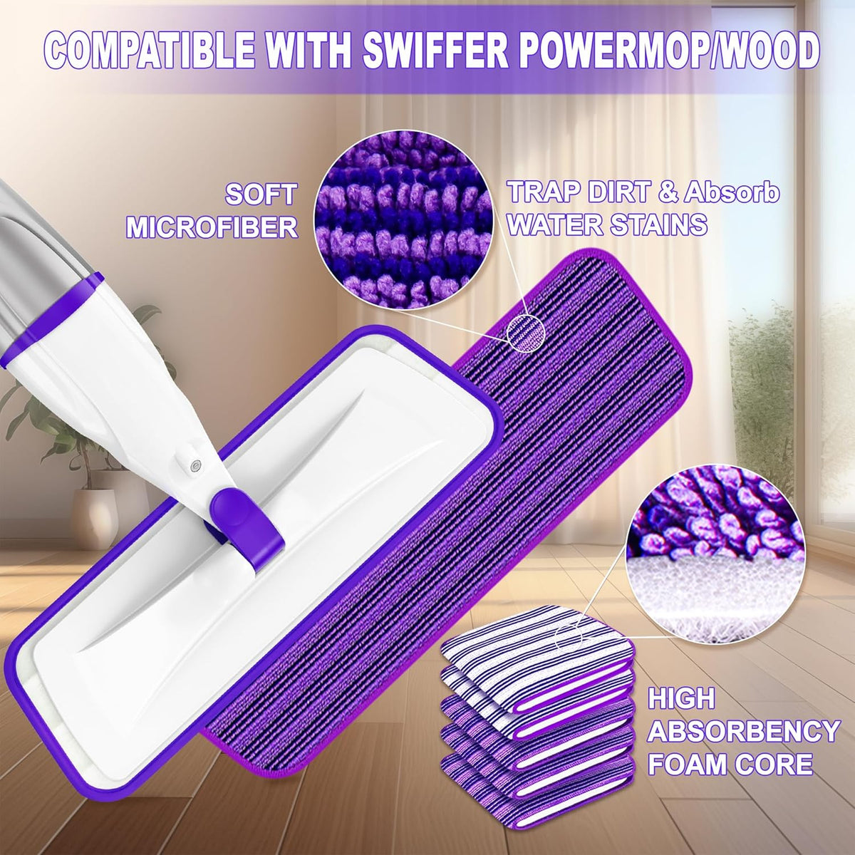 Spray Mop for Hardwood Floor Cleaning: EXEGO Wet Mops with 5 Microfiber Refillable Pads for Swiffer