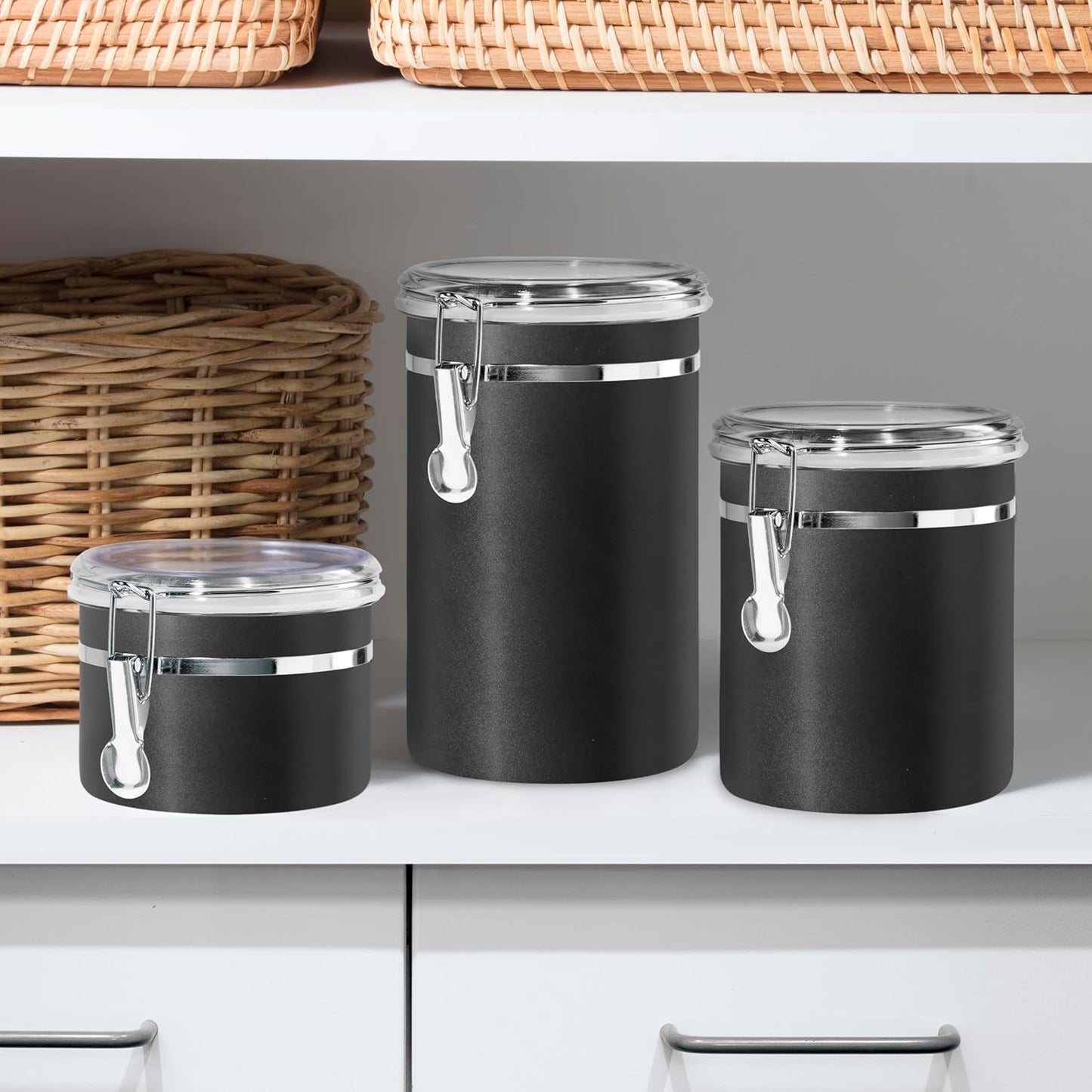 Oggi Stainless Steel Kitchen Canister 62 fl oz, Black - Airtight Clamp Lid, Clear See-Thru Top