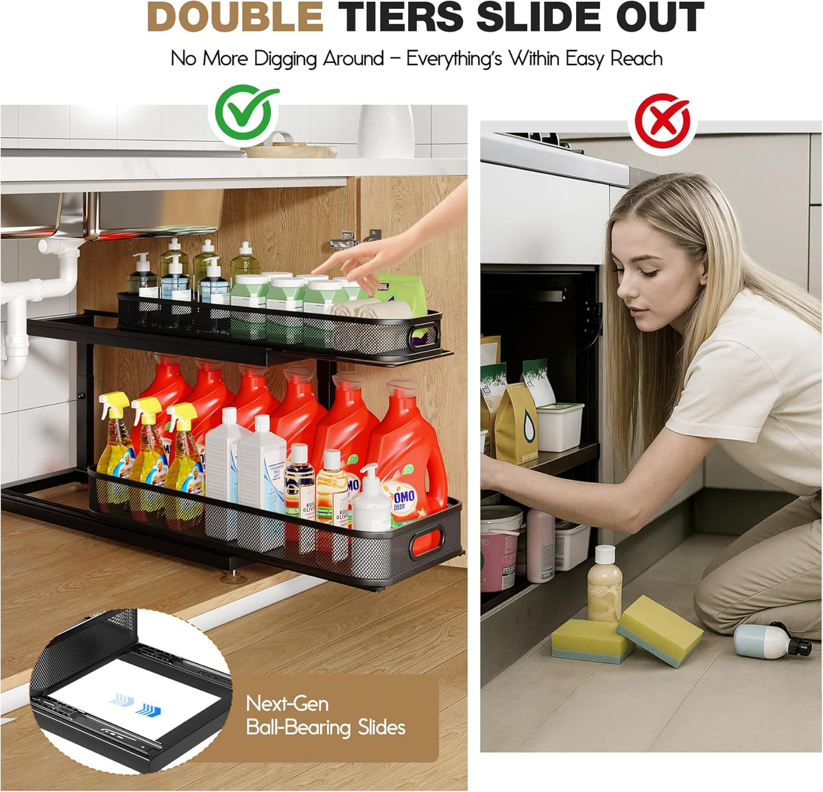 2-Pack 21.3 IN Depth Under Sink Organizer With Next-Gen Ball-Bearing Slides,Sophisticated Mesh