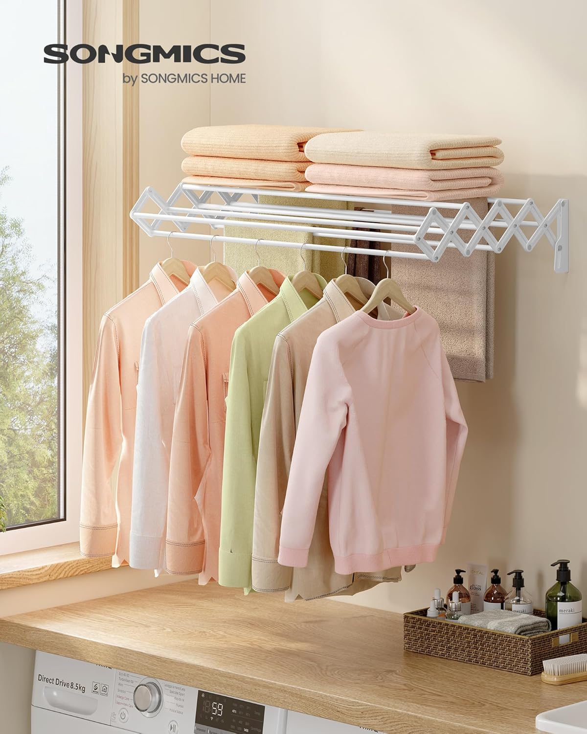 SONGMICS Clothes Drying Rack, Wall-Mounted Drying Rack Clothing, Accordion Laundry Rack, 9