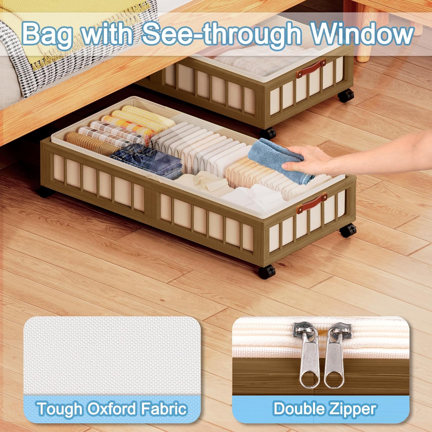 efluky 2-Pack Bamboo Under Bed Storage with Wheels, Rolling UnderBed Storage Basket with Large Dust