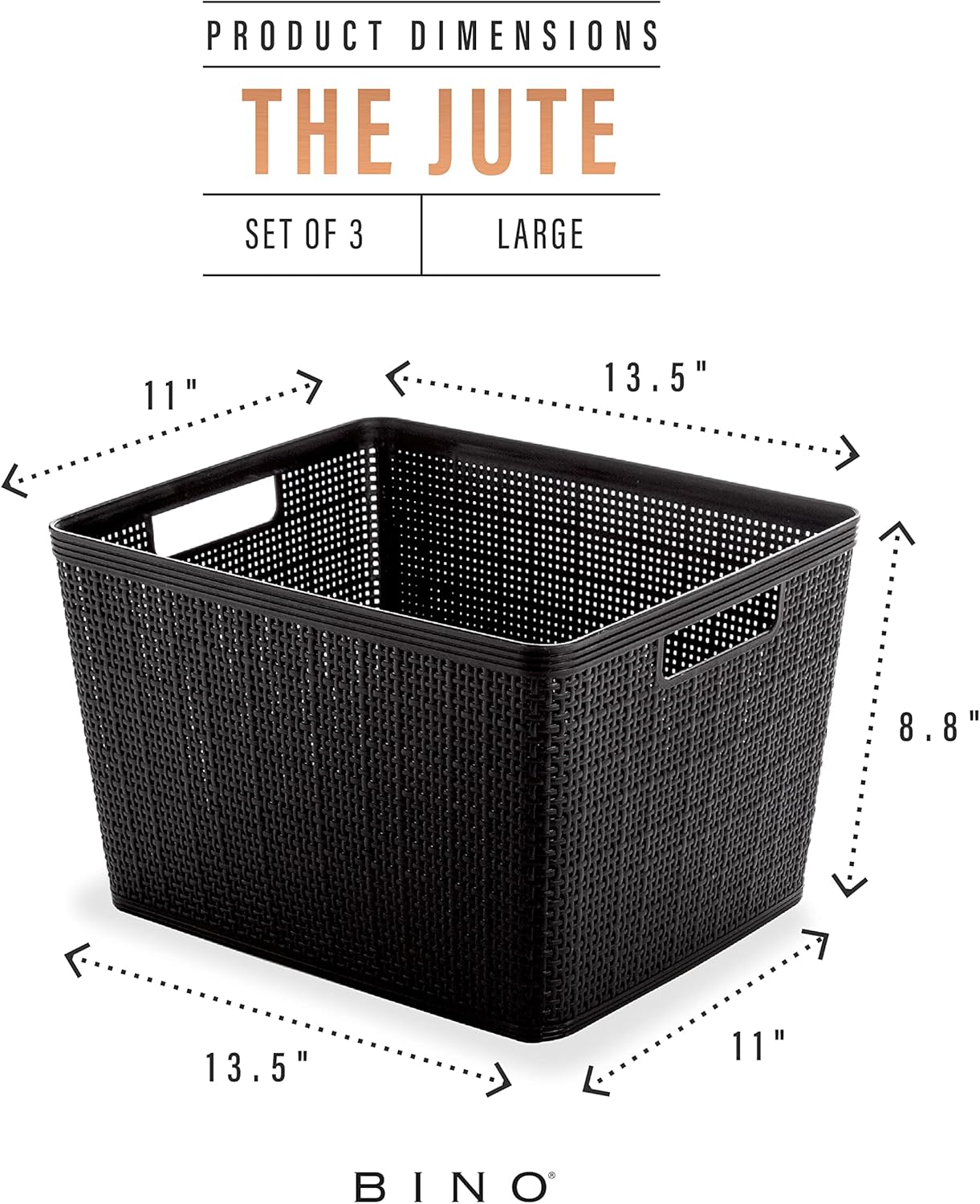 BINO | Woven Plastic Basket | Large (Black), 3-Pack | THE JUTE COLLECTION | Home Organization