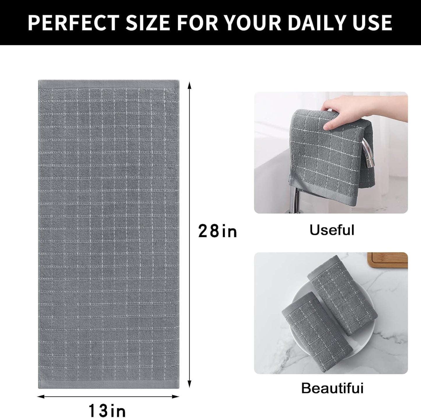Homaxy 100% Cotton Terry Kitchen Towels(Grey, 13 x 28 inches), Checkered Designed, Soft and Super