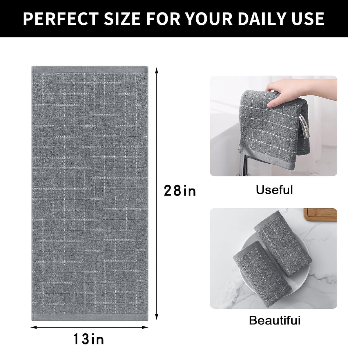 Homaxy 100% Cotton Terry Kitchen Towels(Grey, 13 x 28 inches), Checkered Designed, Soft and Super