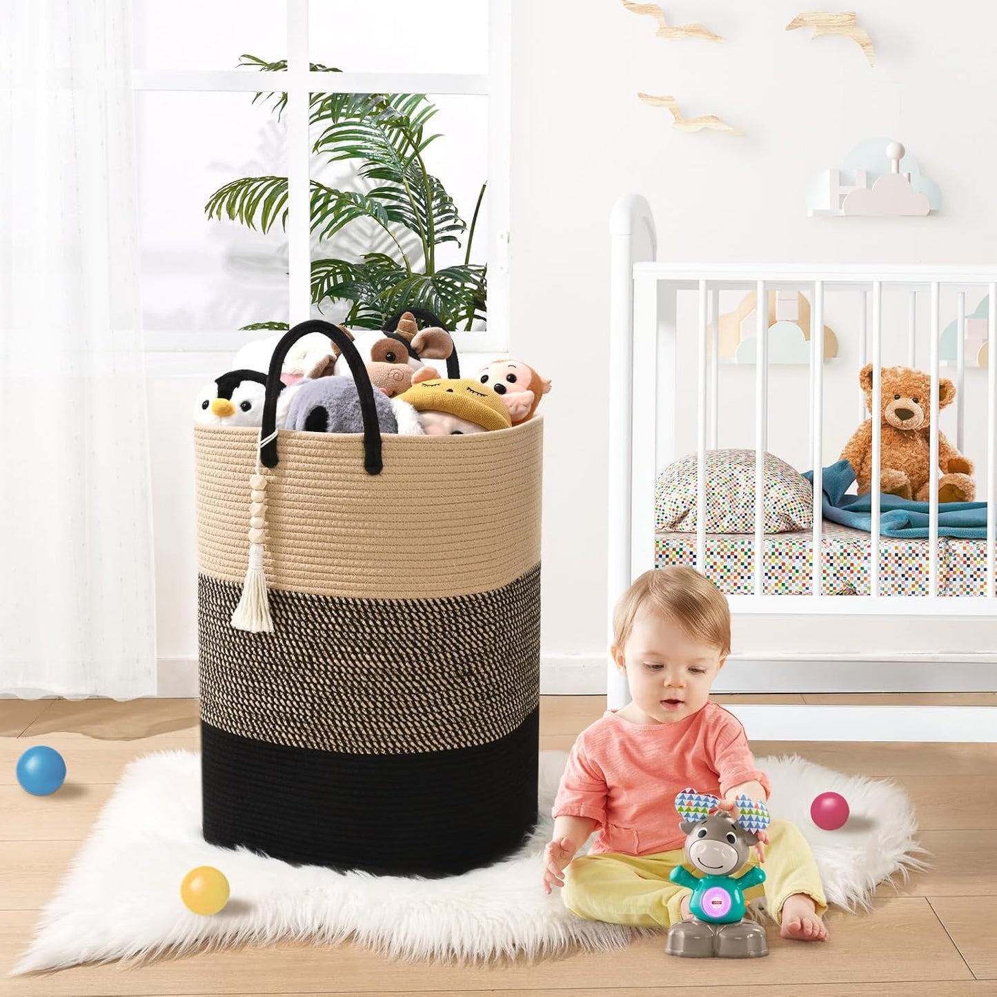 Woven Laundry Basket for Clothes, 80 L Large Rectangle Laundry Hampers with Beads Tassel, Nursery