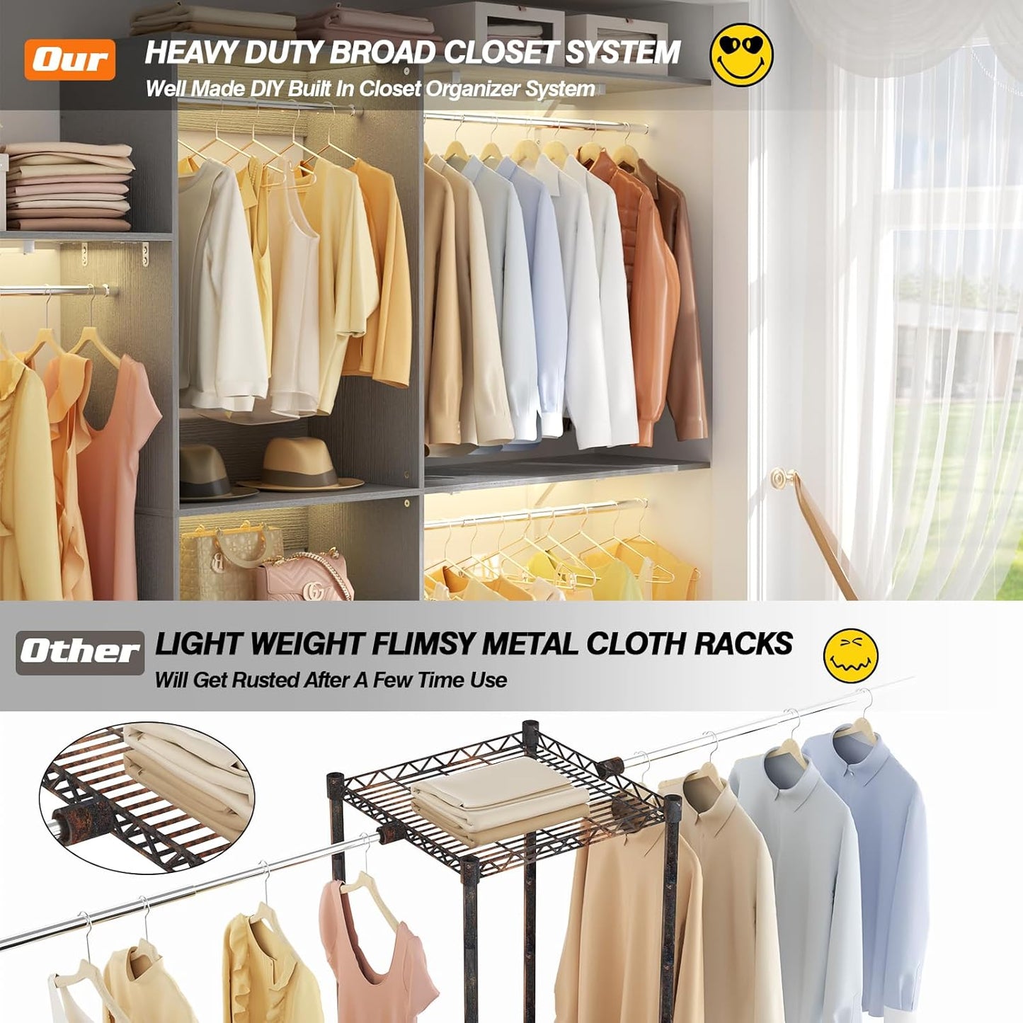 8FT Closet System with Shelves, 96'' Closet Organizer System with 3 Hanging Rods, Wall Mount