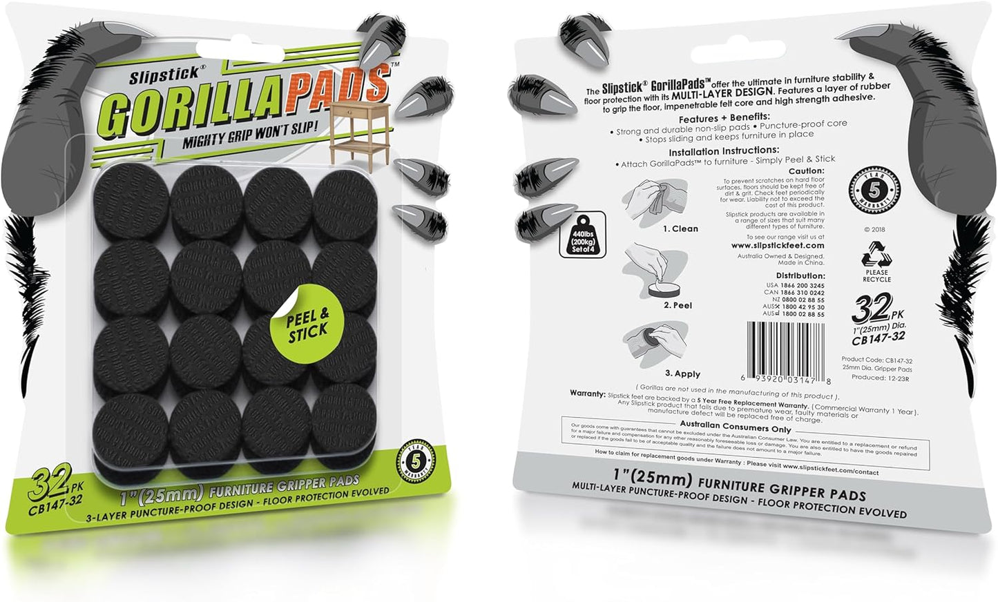 GorillaPads 1 Inch Non-Slip Furniture Pads/Gripper Feet Skids (Set of 32) Self Adhesive Rubber