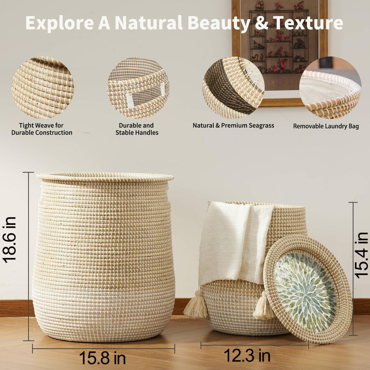 Round Seagrass Laundry Hamper with Lid, 2-Piece Set - Eco-Friendly Storage Basket for Clothes