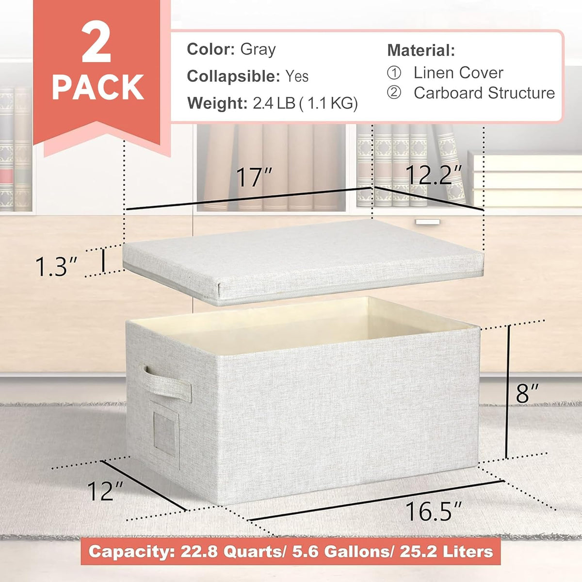 Large 17''x12'' Quart Collapsible Stackable Storage Bins with Lids, 2 Packs Off White Fabric Closet