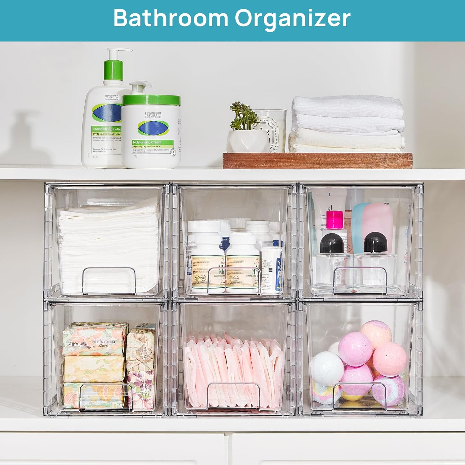 Vtopmart 6 Pack Large Stackable Storage Drawers,Easily Assemble Acrylic Bathroom Closet Undersink