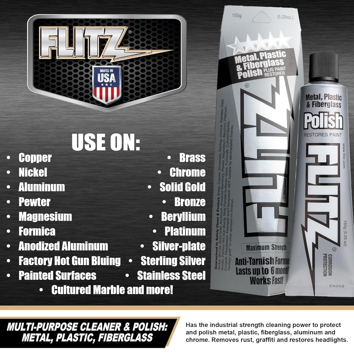 Flitz Multi-Purpose Metal Polish Paste - 5.29oz Tube of USA-Made Chrome Polish - Works on Stainless