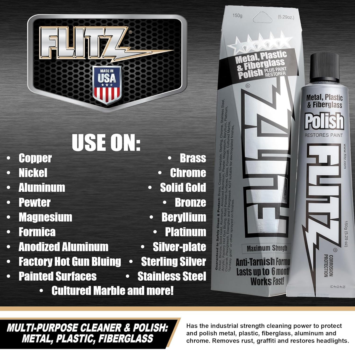 Flitz Multi-Purpose Metal Polish Paste - 5.29oz Tube of USA-Made Chrome Polish - Works on Stainless