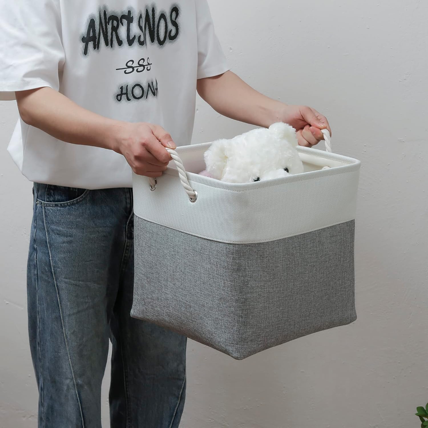 13 x 13 Inch Cube Storage Bins, 4 Pack Large Collapsible Fabric Storage Bin with Ropes, Foldable