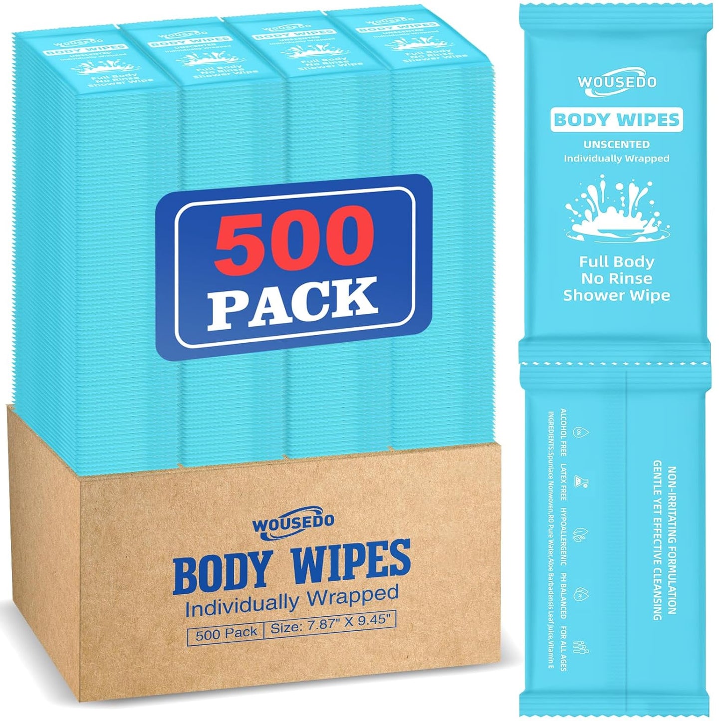 500 Pcs Ultra Thick Soft Large Body Wipes Individually Wrapped(7.87" x 9.45"),Shower Wipes for