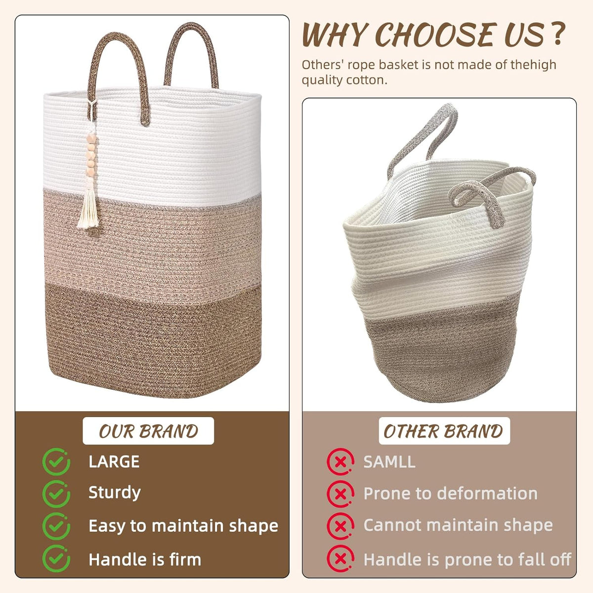 Woven Laundry Basket for Clothes,100 L Large Rectangle Laundry Hampers with Beads Tassel, Nursery