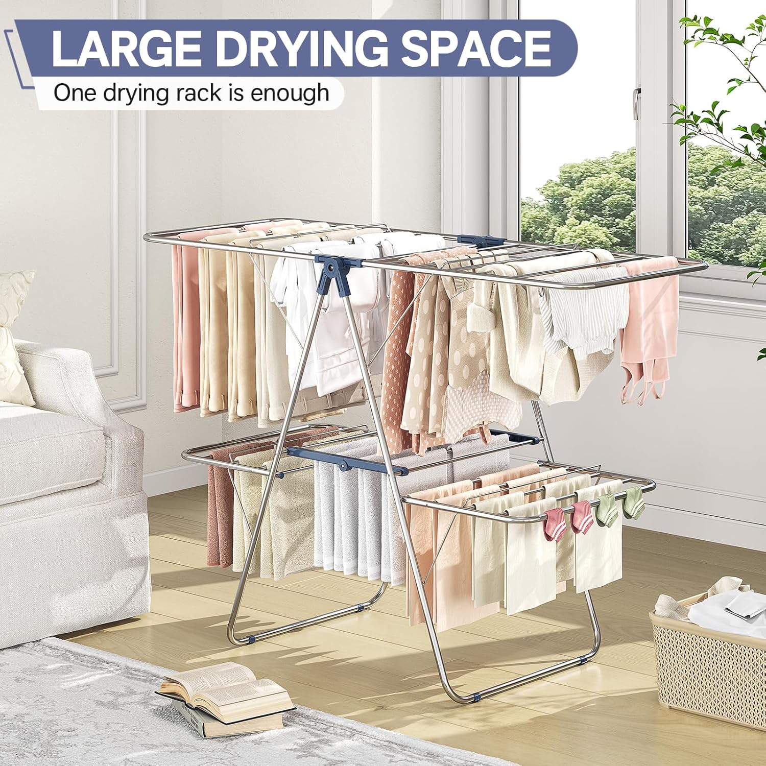 APEXCHASER Clothes Drying Rack with 4 Wings, Stainless Steel Drying Rack Clothing with