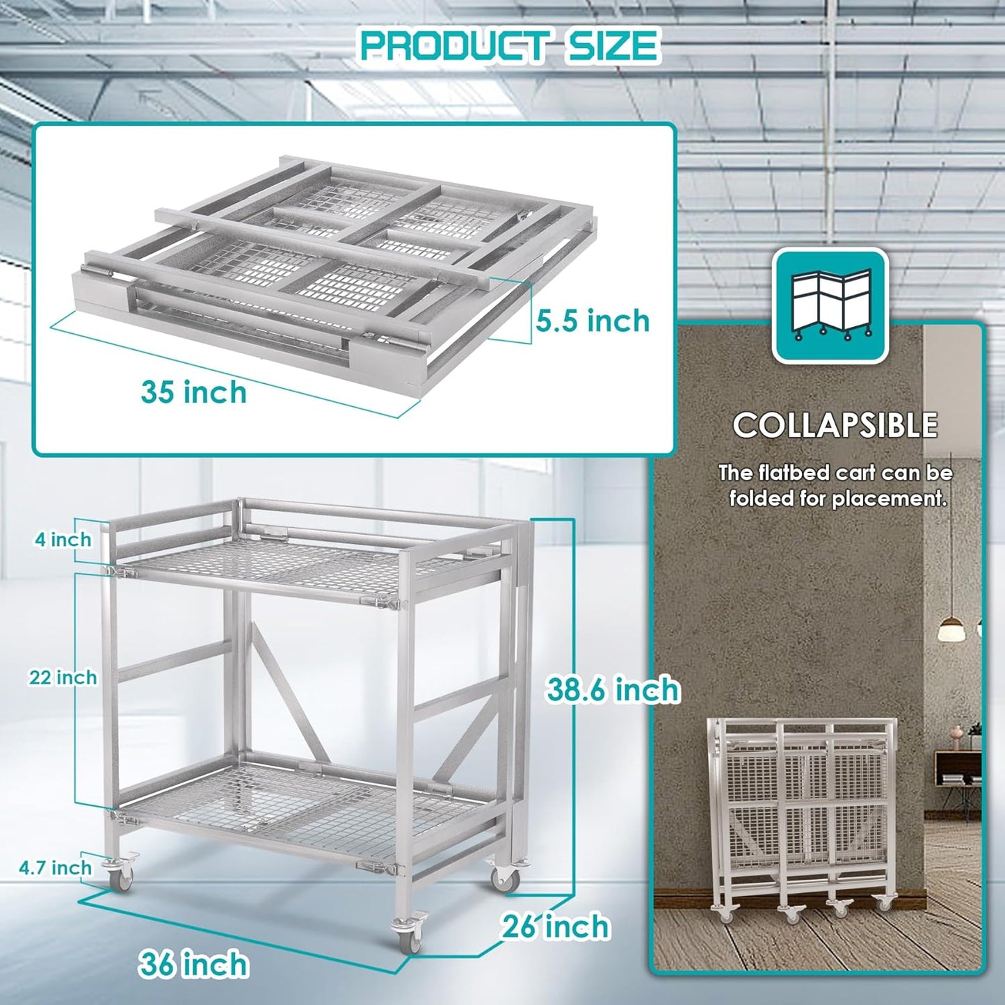 2 Shelf Rolling Cart with Wheels, 660lbs Capacity Collapsible Steel Rolling Utility Cart