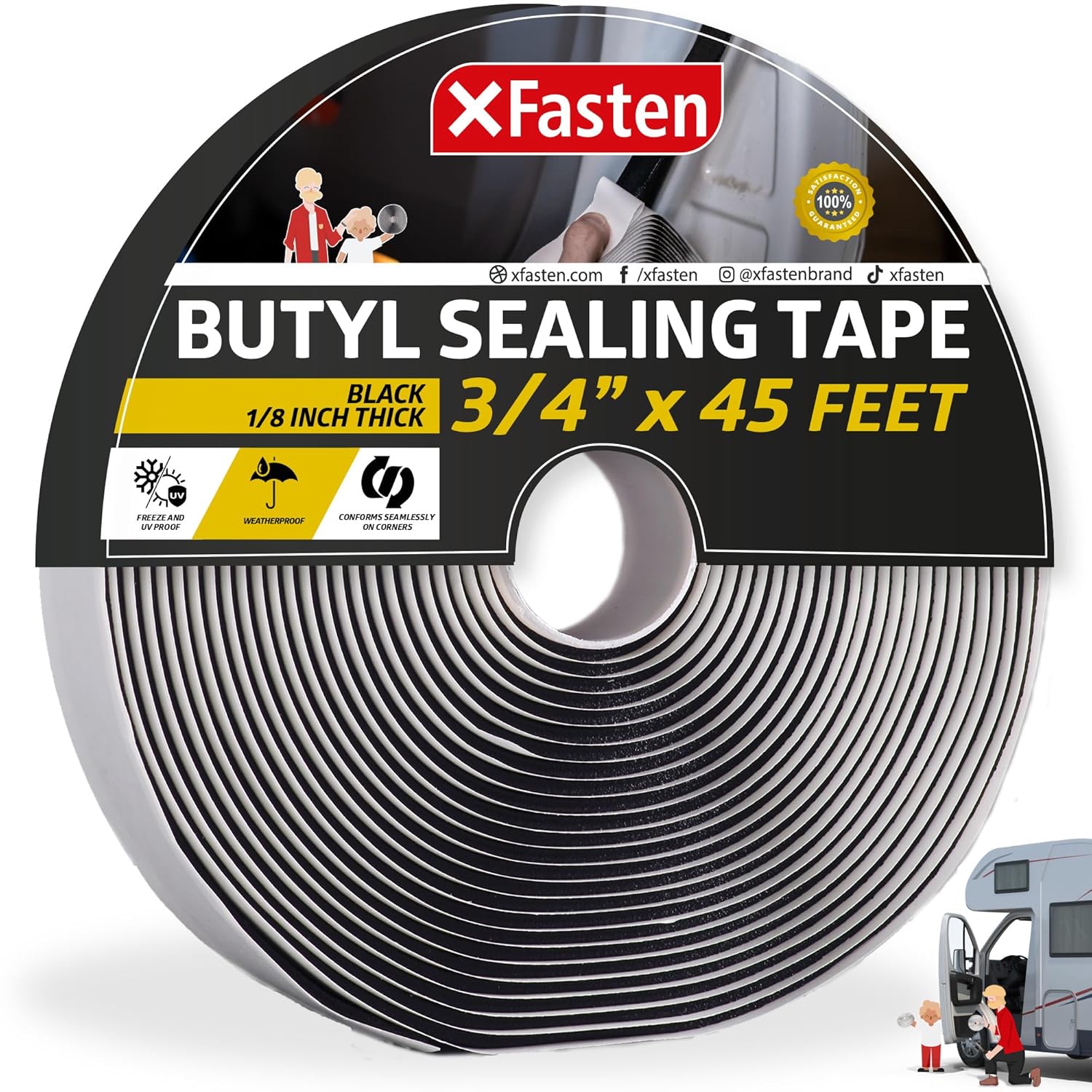 XFasten Butyl Tape RV Black, 3/4 in x 45 Ft, 1/8 in Thick EDPM Rubber Sealant Tape - Roof Patching