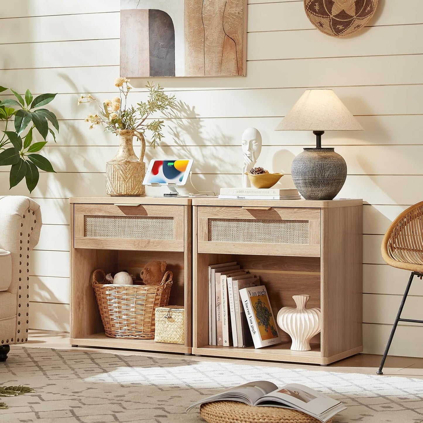 LEYAOYAO Rattan Nightstand with Charging Station, 23" Wide Boho Night Stand with Drawer, Natural