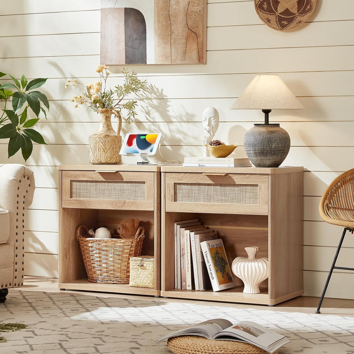 LEYAOYAO Rattan Nightstand with Charging Station, 23" Wide Boho Night Stand with Drawer, Natural