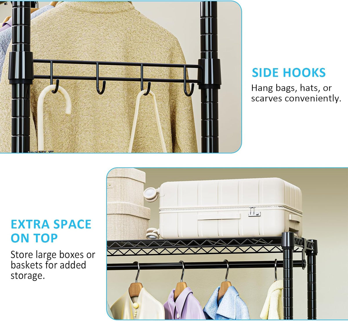 IZEUK Heavy Duty Rolling Garment Rack with 3 Adjustable Wire Shelves, 2 Hanging Rods & Side Hooks
