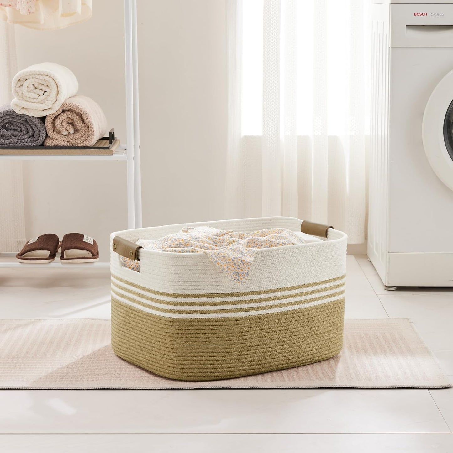 60L Large Laundry Basket with Leather Handles for Living Room Storage, Woven Rope BasketsBin for