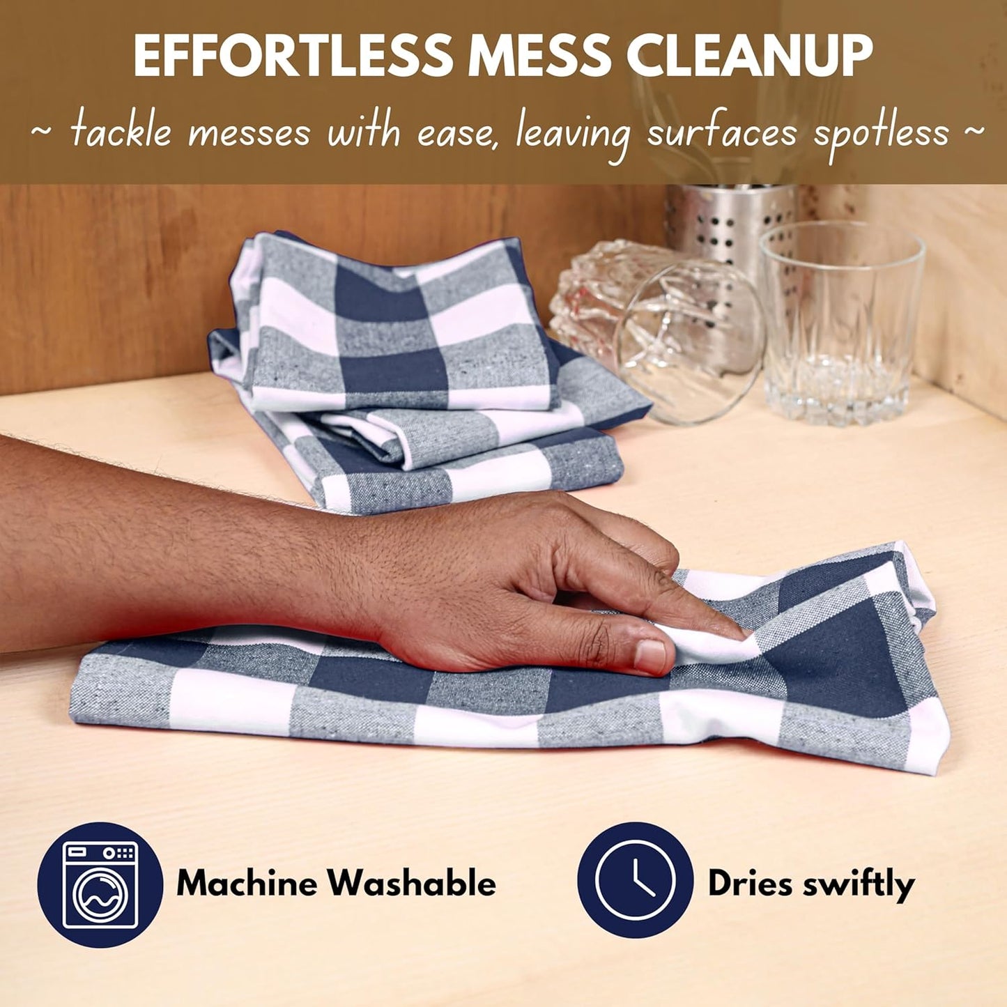 Native Fab 4-Pack Kitchen Towel with Hanging Loop 16x26 inches, Cotton Buffalo Check Kitchen Towels
