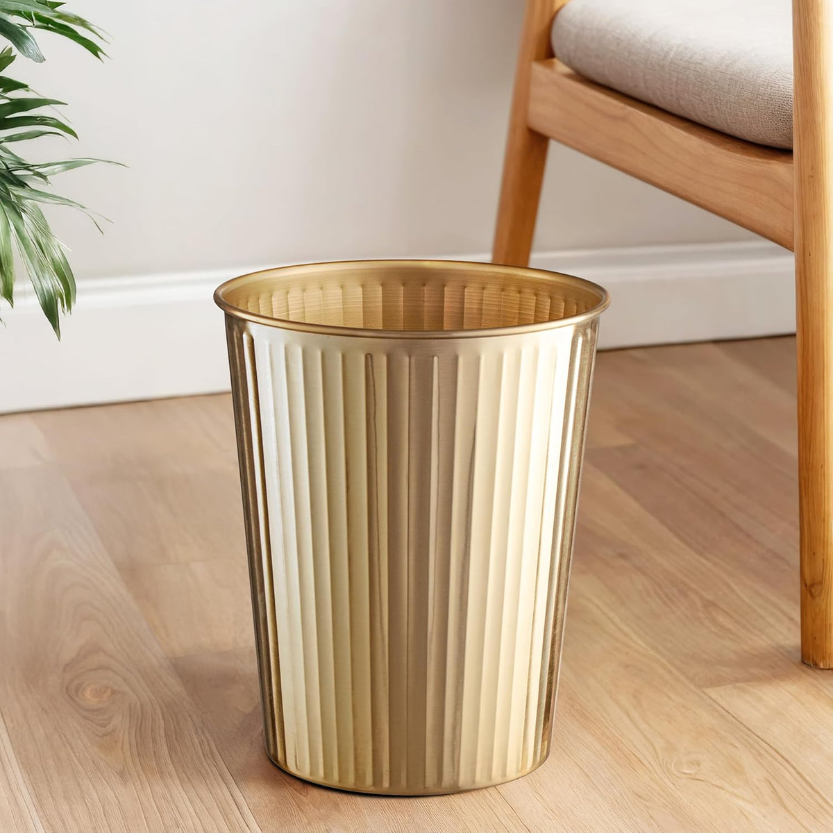 Monarch Abode Brushed Gold Handcrafted Ridge Embossed Metal Wastebasket for Home Office, Decorative