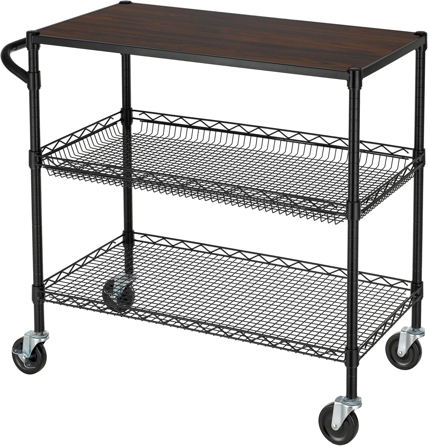 Finnhomy 3 Tier Heavy Duty Commercial Grade Utility Cart with Wood Top, Wire Rolling Cart with