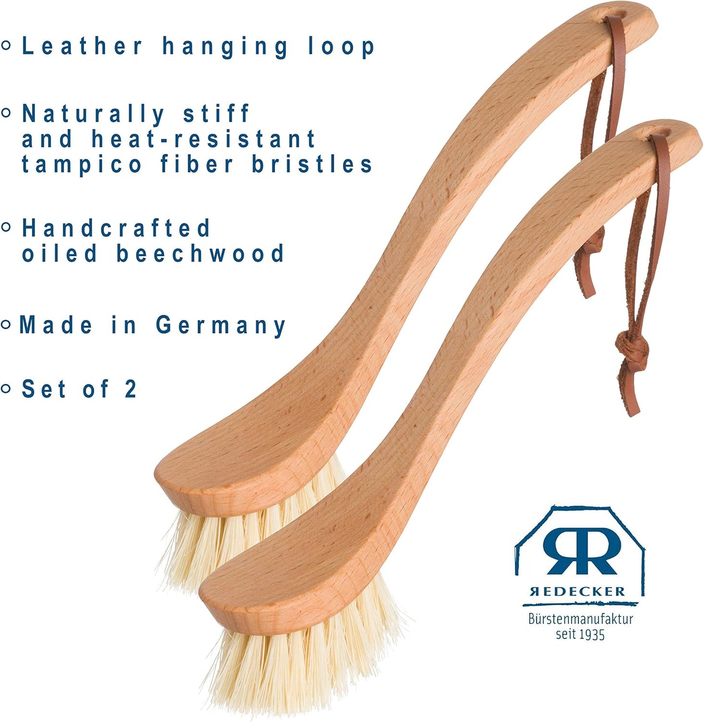REDECKER Curved Dish Brush - Natural Tampico Fiber Bristles, Ergonomic Design with Oiled Beechwood