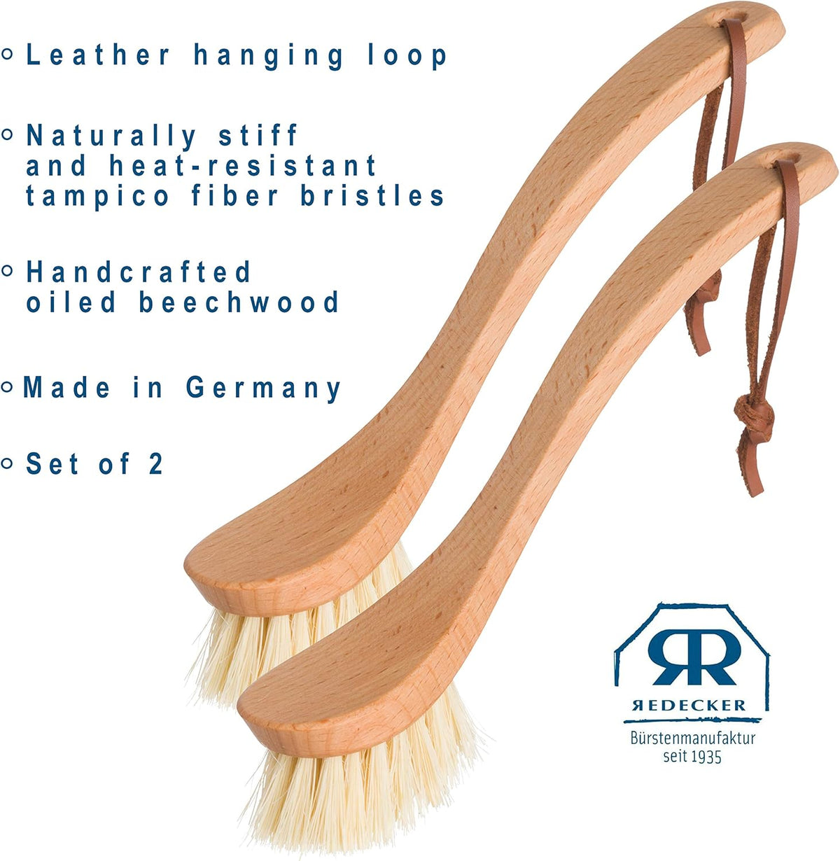 REDECKER Curved Dish Brush - Natural Tampico Fiber Bristles, Ergonomic Design with Oiled Beechwood
