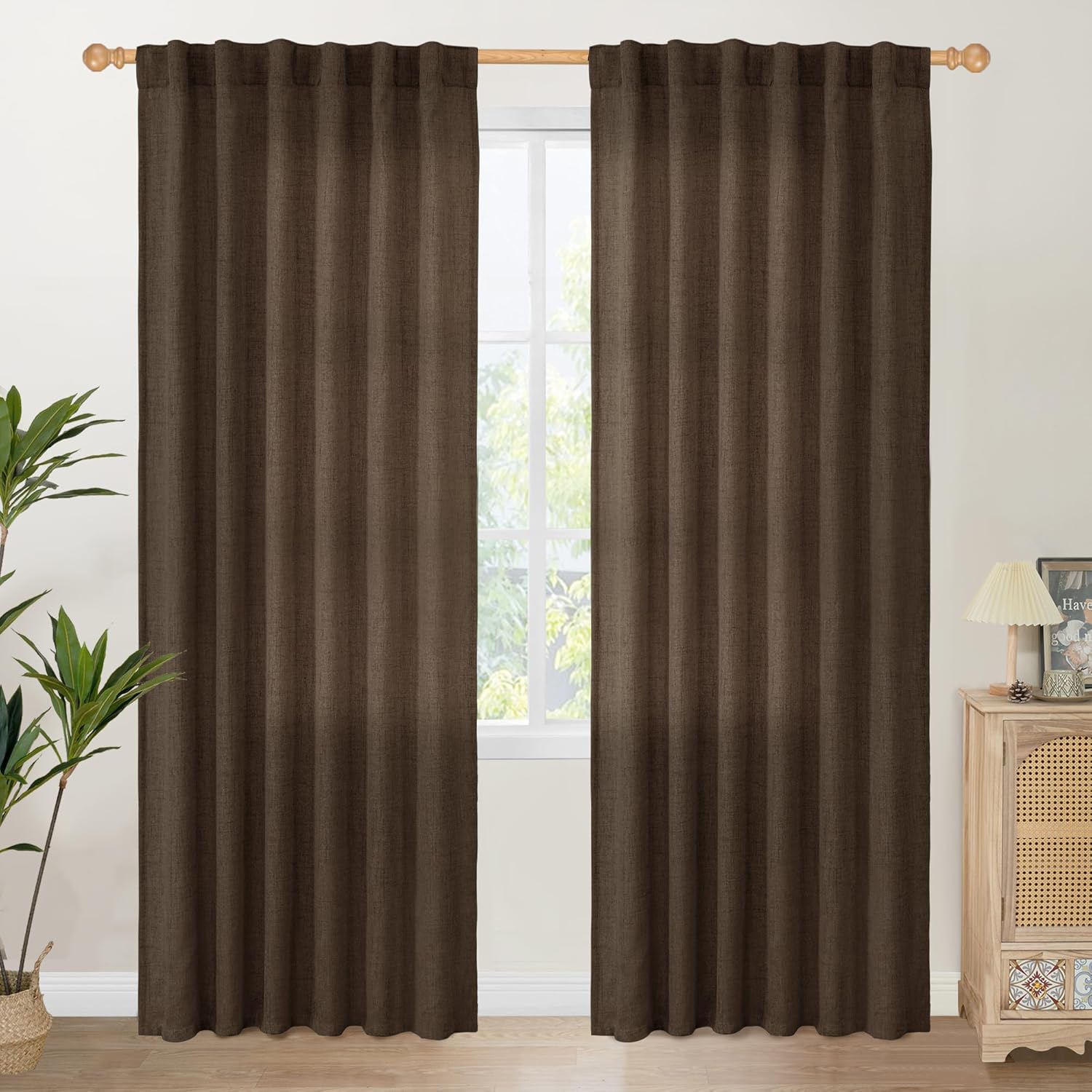 YoungsTex Brown Linen Curtains 80 Inch Length for Living Room, Semi Sheer Window Drapes with Rod