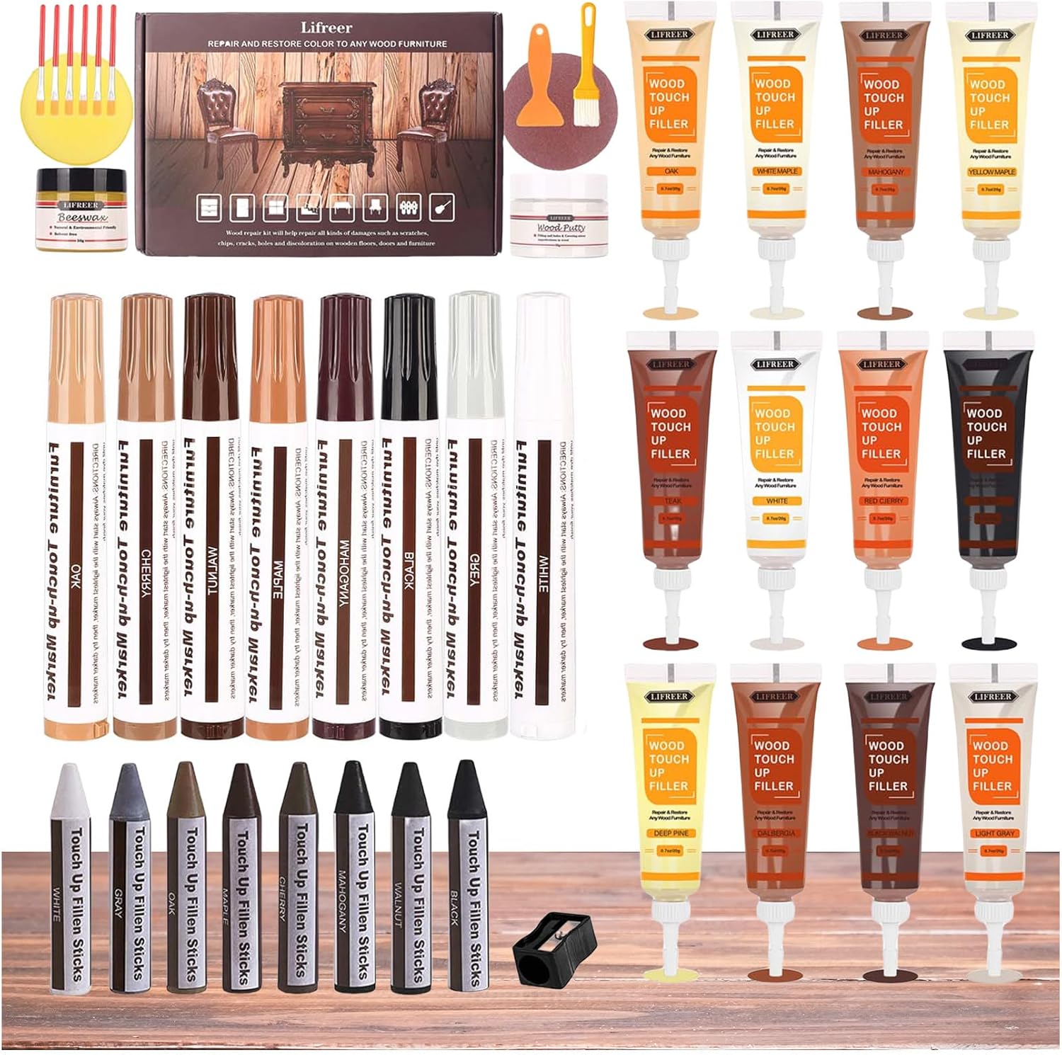 Lifreer Wood Repair Kit, 42 Pcs Furniture Repair Kit - Wood Filler, Touch Up Marker, Wood Putty