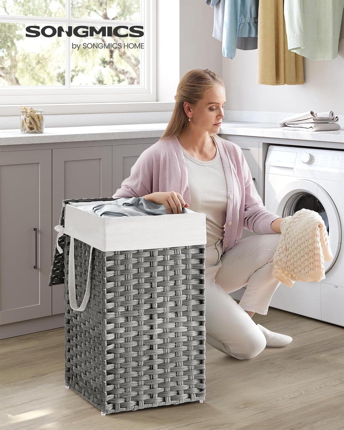 SONGMICS Laundry Hamper with Lid, 17.2 Gallon (65 L) Synthetic Rattan Clothes Laundry Basket with