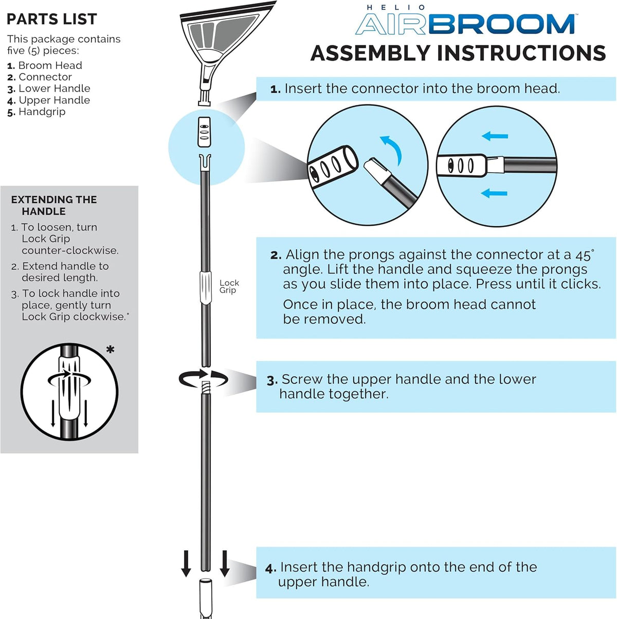 Helio Air Broom 3 Piece Kit All Surface Sweeper and Squeegee for Wet and Dry Cleaning Dust, Dirt