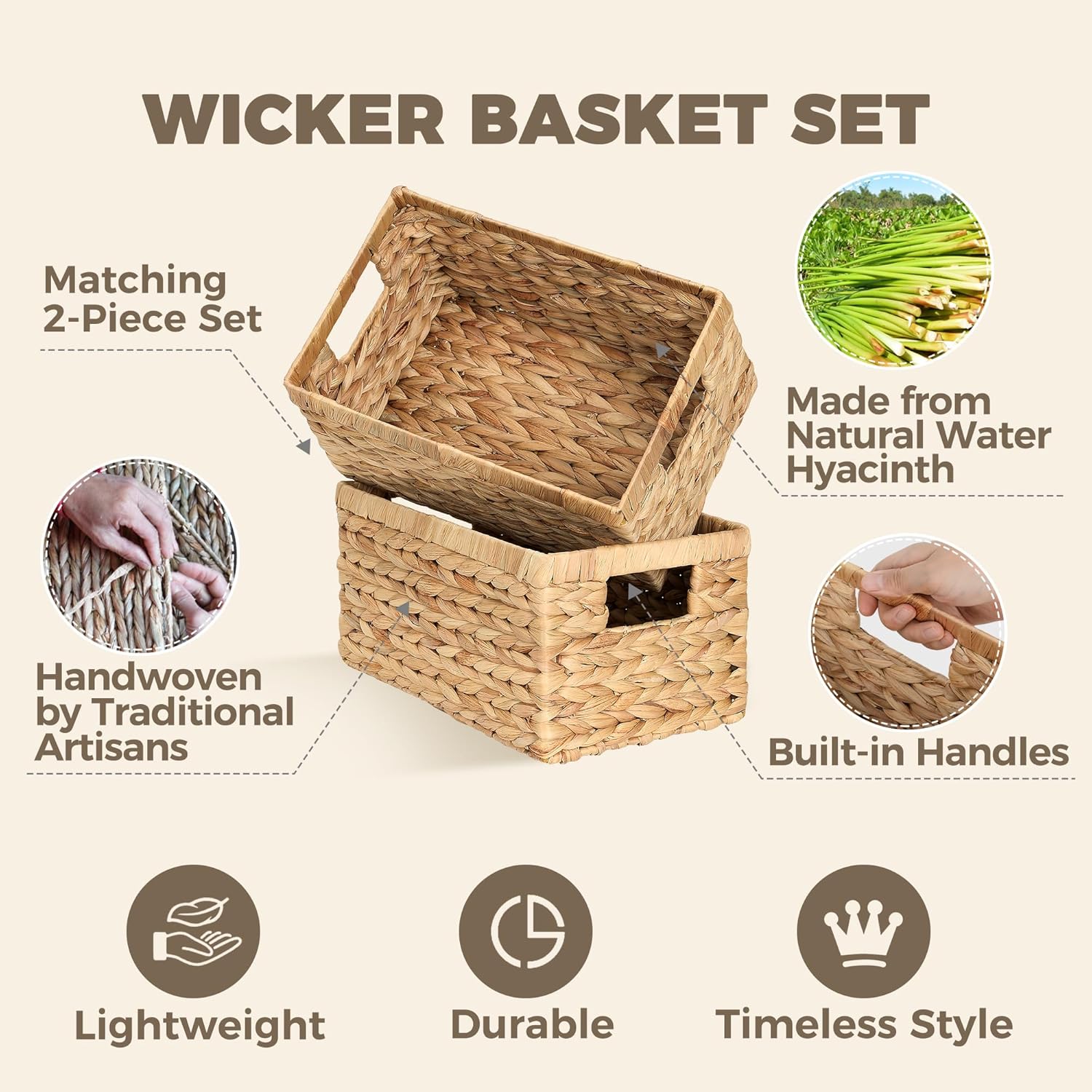 Set of 2 Wicker Shelf Storage Baskets for Organizing - Natural Durable Water Hyacinth Woven Basket