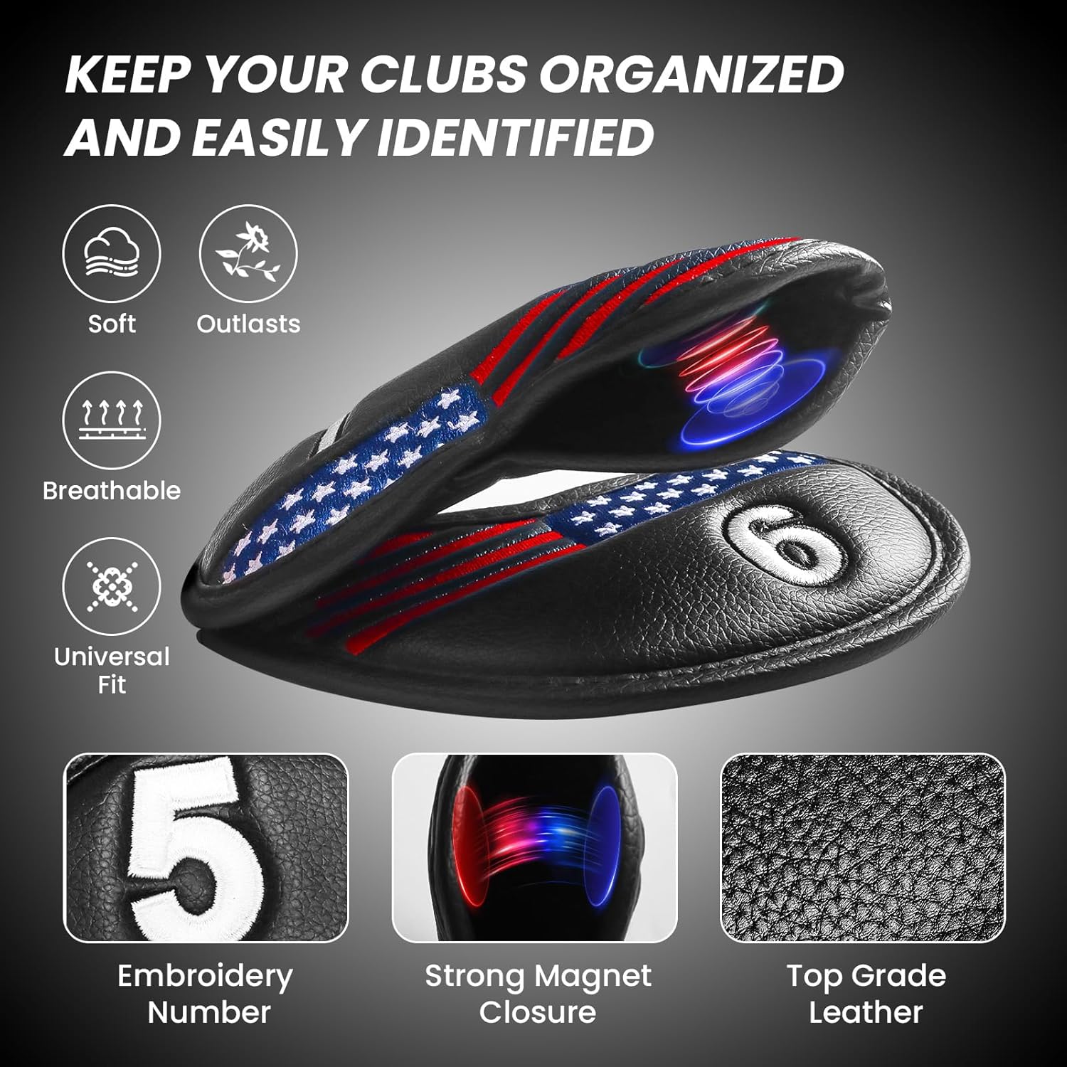 FINGER TEN Golf Club Covers for Irons Magnetic Value 11 Pack, Synthetic Leather Deluxe Head Cover