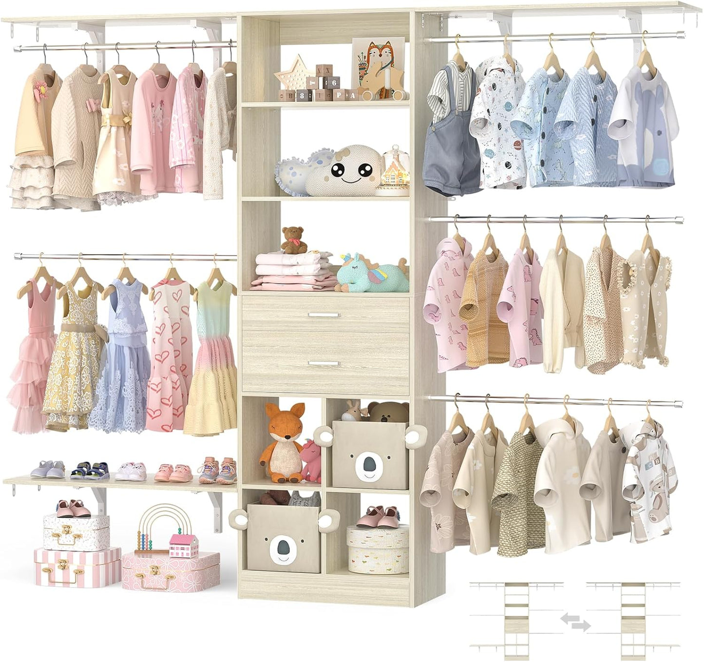 Closet System - 4.75-8FT Closet Organizer System with Wooden Drawers & Cube Storage Organizer, Up