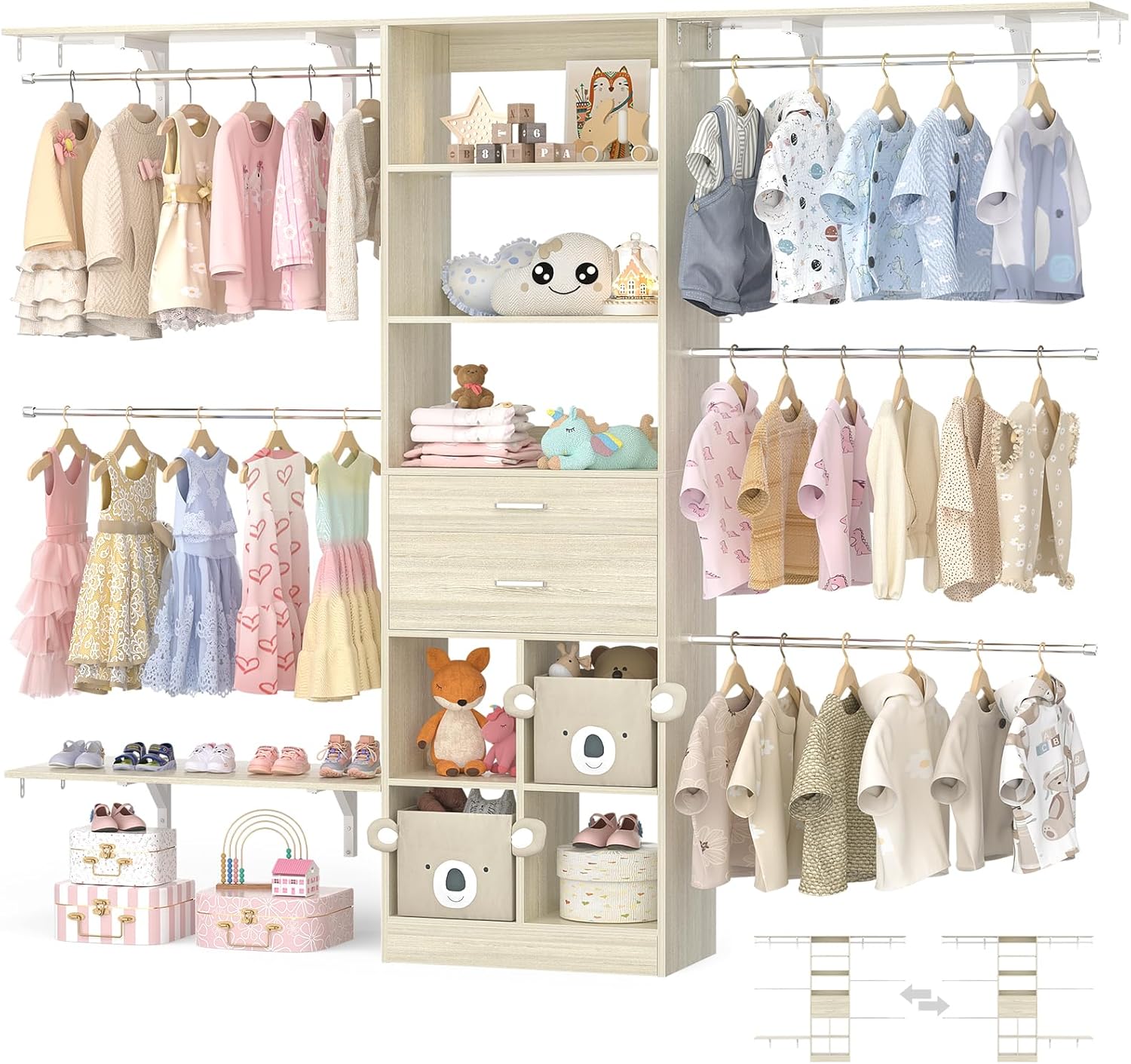 Closet System - 4.75-8FT Closet Organizer System with Wooden Drawers & Cube Storage Organizer, Up