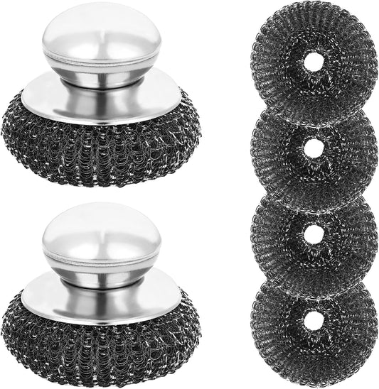 6Pcs Steel Wool Scrubber, Stainless Steel Scrubber with Handle for Cleaning Kitchen and Household